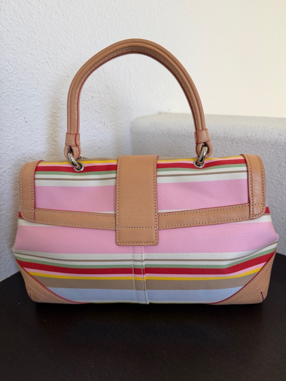 VINTAGE Coach Pink Multi-Stripe Leather-Trim Satchel with Floral Charm(LIKE NEW) - Picture 6 of 16